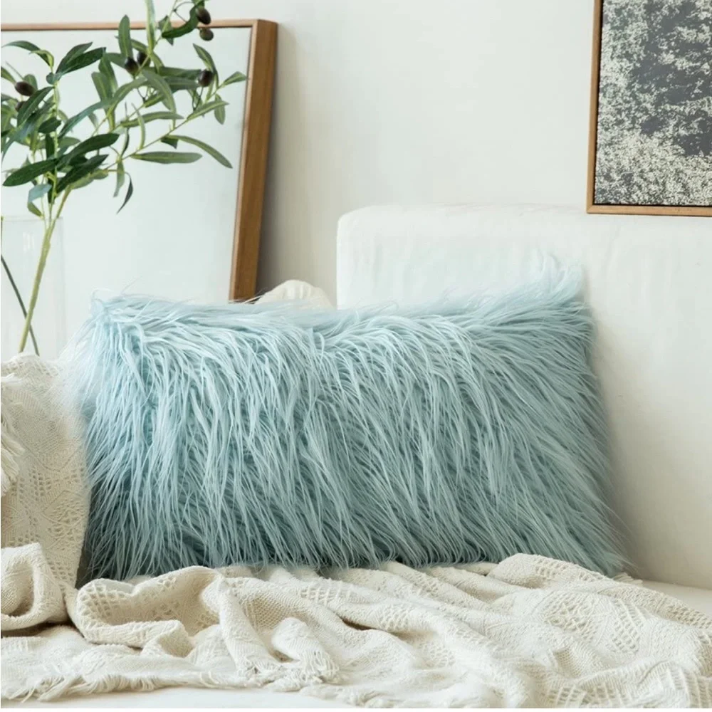 Luxury Home | Chic Light Blue Faux Long Fur Luxe Lumbar Throw Pillow Cover